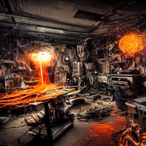 Image similar to overcharging blender, tangles of metallic cables, dark messy smoke - filled cluttered workshop, dark, dramatic lighting, orange tint, sparks, plasma charges, cinematic, highly detailed, sci - fi, futuristic, movie still