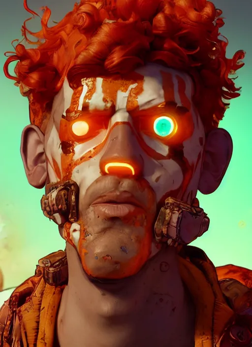 Prompt: glowwave portrait of curly orange hair man from borderlands 3, au naturel, hyper detailed, digital art, trending in artstation, cinematic lighting, studio quality, smooth render, unreal engine 5 rendered, octane rendered, art style by klimt and nixeu and ian sprigger and wlop and krenz cushart.