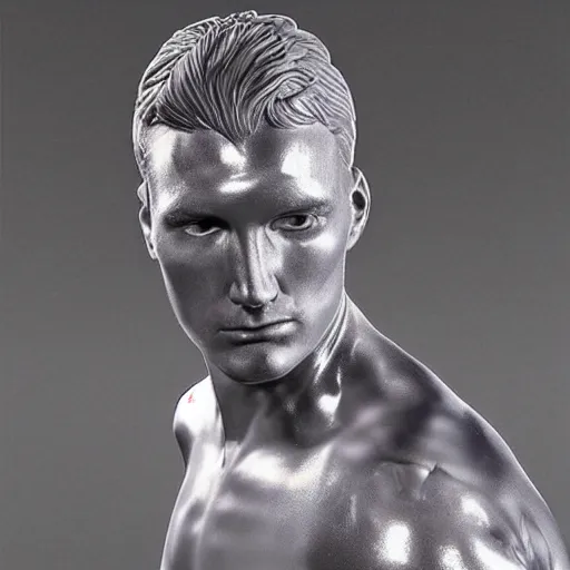 Image similar to “a realistic detailed photo of a guy who is an attractive humanoid who is half robot and half humanoid, who is a male android, baseball player Mike Trout, shiny skin, posing like a statue, blank stare”