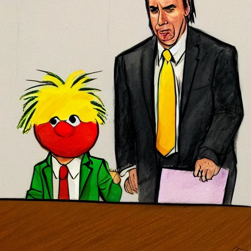 Prompt: toddler being interrogated by saul goodman, courtroom sketch, judge big bird presiding, courtroom sketch
