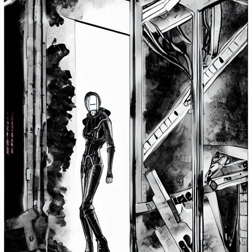 Image similar to scarlett johansson wearing futuristic breathing apparatus, searching an derelict dark hallway of a abandoned spaceship with a flashlight, afro samurai anime style, black and white, pencil and ink manga panels showing different angles of scene