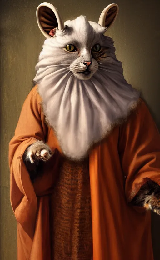 Image similar to a bipedal cat that has goat horns, anthropomorphic cat that is wearing robes, oil painting, by leonardo da vinci, dnd, character reveal, cosmic, magical, fog, noble, full body portrait, extremely detailed, cult, ritual, 4 k, 8 k