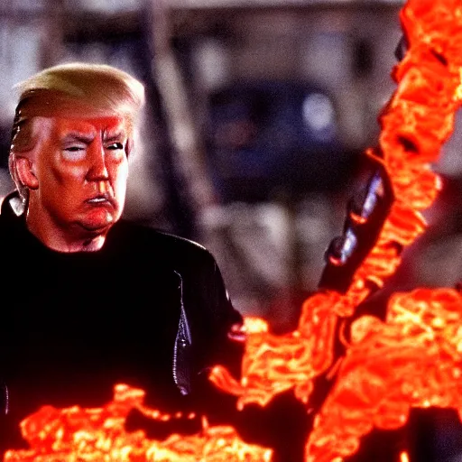 Image similar to donald trump in terminator 2 judgment day, film still from terminator 2 judgment day, 2 6 mm