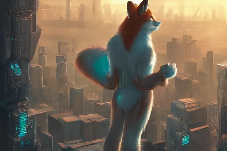 Image similar to an anthropomorphic fox with a fluffy tail staring over a futuristic city from the top of a roof, comic art, trending on furaffinity, cyberpunk, backlighting, cartoon