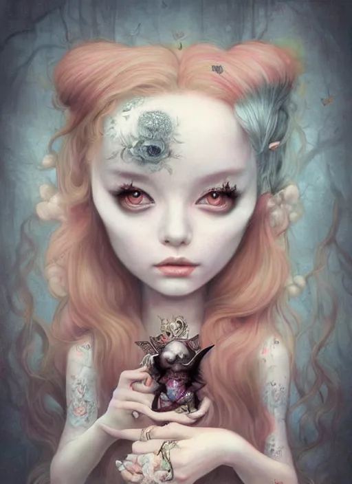 Image similar to pop surrealism, lowbrow art, realistic cute alice girl painting, japanese street fashion, hyper realism, muted colours, rococo, natalie shau, lori earley, tom bagshaw, mark ryden, trevor brown style,