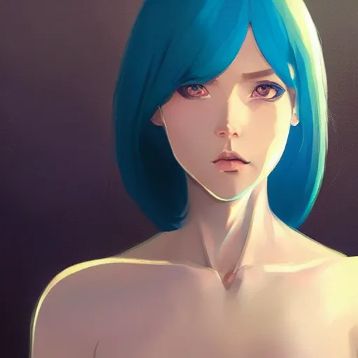 Image similar to ilya kuvshinov with long sky blue hair, gold eyes, boyish face, professional digital painting, concept art, ultra sharp, 8 k, cinematic, wlop, color block, in the background, art by greg rutkowski, pixiv art, art nouveau, yoshitaka amano