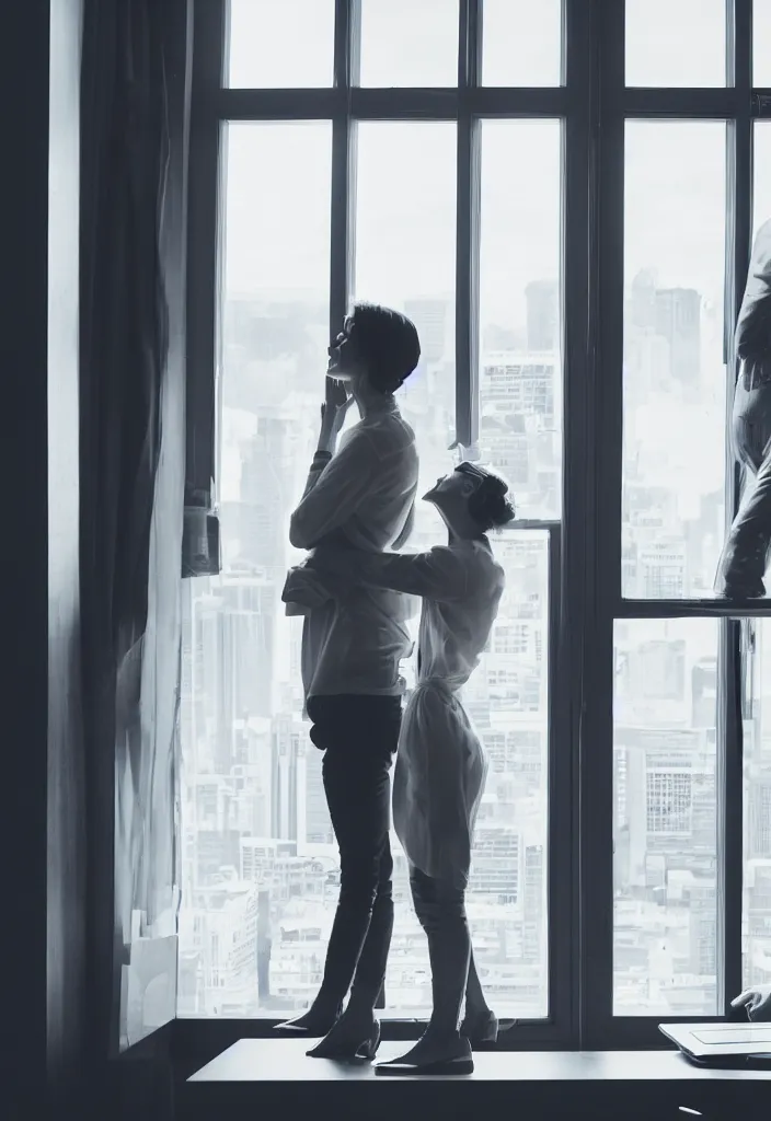 Prompt: wife hugging her husband that is working at his futuritic desk looking at the window with a futuristic city