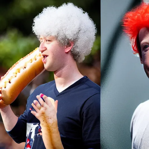 Prompt: mark zuckerberg wearing a clown wig and eating an hot dog, professional photo