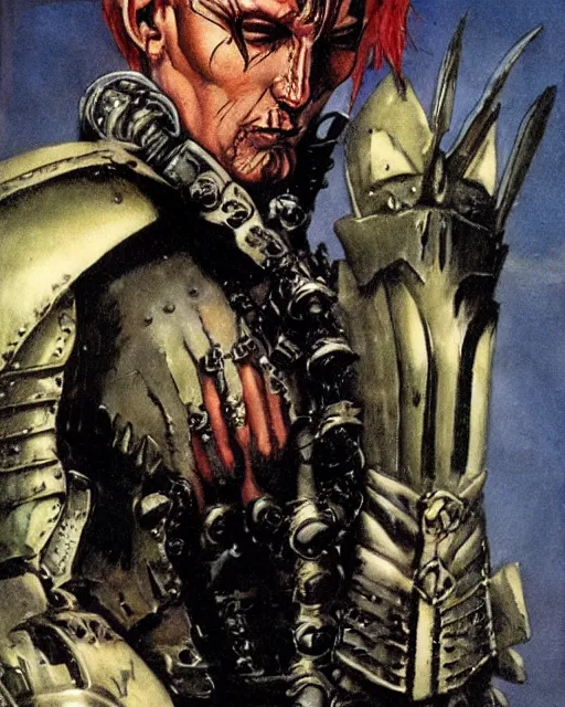 Image similar to portrait of a skinny punk goth tony todd wearing armor by simon bisley, john blance, frank frazetta, fantasy, thief warrior