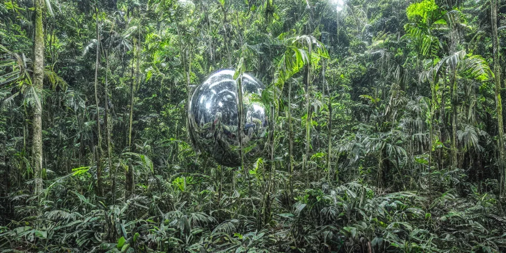 Image similar to photo of a chrome blob deep in the amazon jungle, wide shot