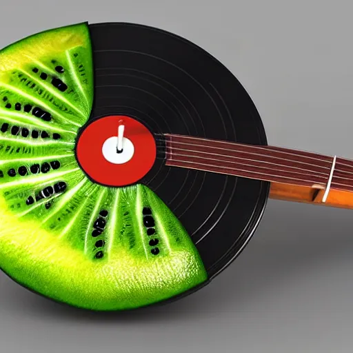 Image similar to miniaturine of vinyl turntable vinyl record in shape of huge kiwi fruit, 4 k, digital art, unreal render, hyperrealistic textures