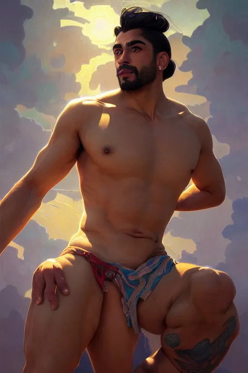 Prompt: clear portrait of a latino attractive men, cottagecore!! background, hyper detailed, character concept, full body, dynamic pose, glowing lights!! intricate, elegant, highly detailed, digital painting, artstation, concept art, smooth, sharp focus, illustration, art by artgerm and greg rutkowski and alphonse mucha