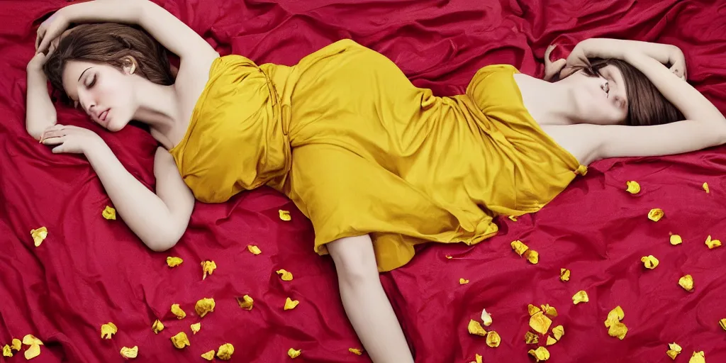 Image similar to beautiful oil matte portrait painting, young woman lying on a red bed sheet wearing a mustard yellow dress covered in giant rose petals, wonderful masterpiece highly detailed, beautiful cinematic light deep focus, elegant, digital painting, smooth, sharp focus, golden ratio, dramatic illumination, ultra realistic, 8 k, art by jimmy law