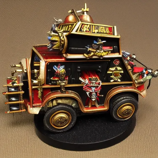 Image similar to 8 0 mm resin detailed miniature of a warhammer 4 0 k popemobile, product introduction photos, 4 k, full body, hyper detailed,