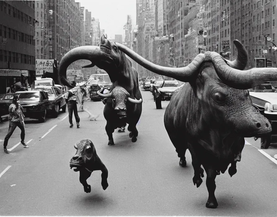 Prompt: a huge bull with the head of a dinosaur charging towards us down a New York city street, panic, people running, rioting, polaroid photo, 1980s