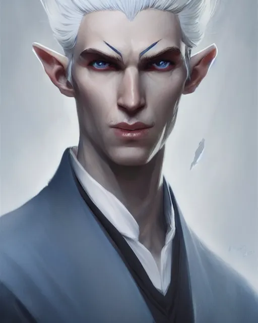 Prompt: character portrait of a slender young half elven man with white hair and white eyebrows, piercing bright blue eyes, and pale bluish skin, by greg rutkowski, mark brookes, jim burns, tom bagshaw, trending on artstation