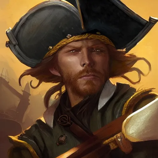 Image similar to handsome charming ginger rogue with large pointed ears, wearing a tricorne pirate captain hat, naval background, portrait, stunning award-winning art by Greg Rutkowski