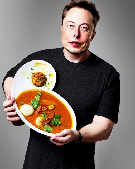 Image similar to a portrait of elon musk with a plate containing idli and sambar in front of him, highly detailed, trending on artstation, bokeh, 9 0 mm, f / 1. 4