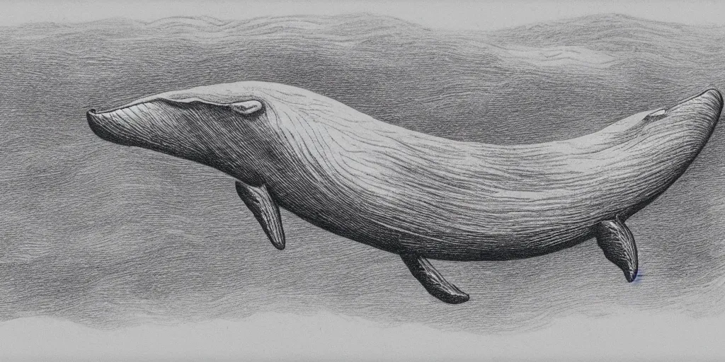 Image similar to pencil etching of a whale with pointed monstrous teeth, highly detailed