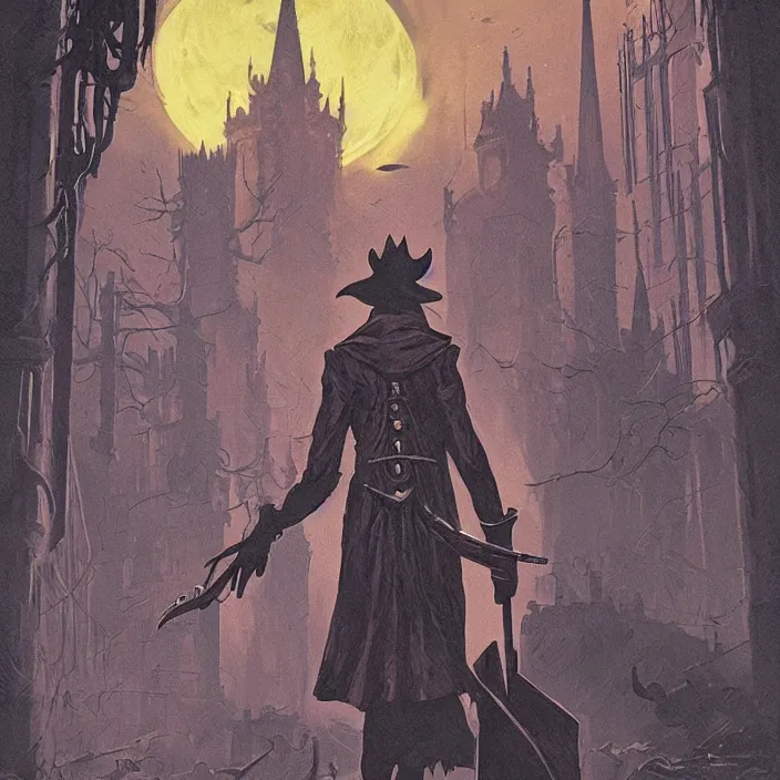 Prompt: t hunter from bloodborne in retrofuturism yharnam, style by retrofuturism, faded red and yelow, by malcolm smith, old comics in city, nicholas roerich,