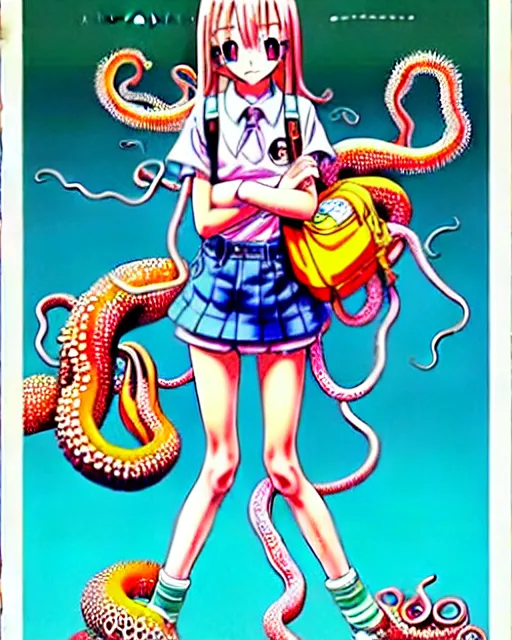 Image similar to a richly detailed color  illustration depicting a pretty teenage girl as a cute prep highschool student surrounded by slimy tentacles. 3D shadowing effect, ultra ornate detail. masterfully illustrated by Akira Toriyama and Mina Petrovic and Range Murata.