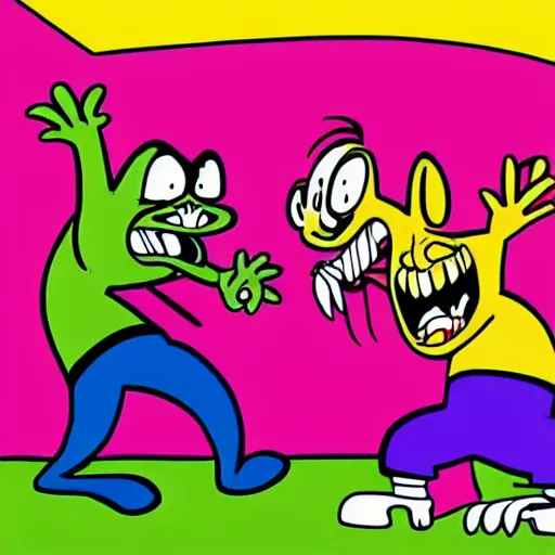 Prompt: Sharon Lois and Bram fighting with the wiggles, ren and stimpy style, cartoon from the 90's, artwork by John Kricfalusi
