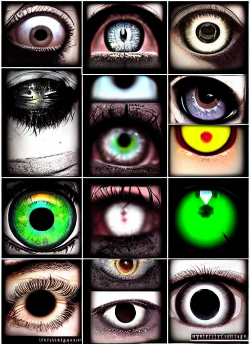 Image similar to grid montage of cube shaped eyes, square shaped black dilated pupils, cube shaped irises, detailed colored textures, eyelashes, advanced art, art styles mix, from wikipedia, wet reflections in square eyes, sunshine light, hd macro photograph, from side, various eyelid positions, square black pupil centered