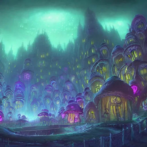 Image similar to concept art detailed painting of a dark purple fantasy fairytale fungal town made of mushrooms, with glowing blue lights, in the style of jordan grimmer and neil blevins and wayne barlowe