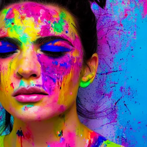 Image similar to a painting of a woman's face created by throwing colourful paint at a wall