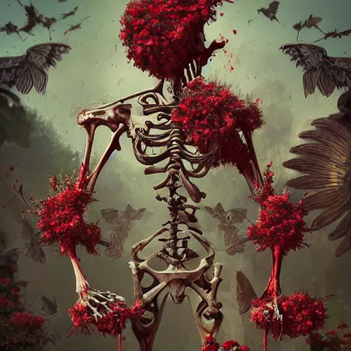 Image similar to beautiful painting of a garden of bones, flowers of blood in the style of Prateep Kochabua, Leonora Karrington, Welder Wings, Hervé Scott Flament, neosurrealism digital art, detailed, trending on Artstation