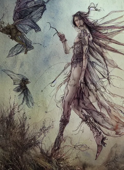 Prompt: beautiful, limping fairy, walks across the battlefield toward an oasis, barb wire, explosions, torn wing, watercolor, pen and ink, intricate line drawings, by Yoshitaka Amano, Ruan Jia, Kentaro Miura, Artgerm,