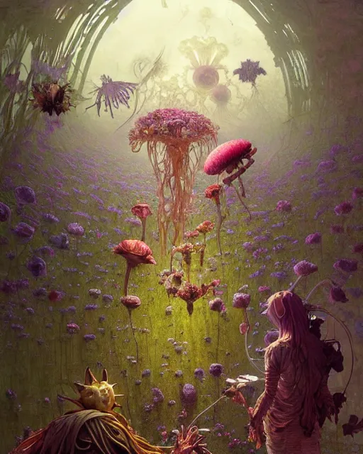 Image similar to the platonic ideal of flowers, rotting, insects and praying of cletus kasady carnage davinci dementor chtulu mandelbulb ponyo alice in wonderland dinotopia watership down, fantasy, ego death, decay, dmt, psilocybin, concept art by greg rutkowski and simon stalenhag and alphonse mucha