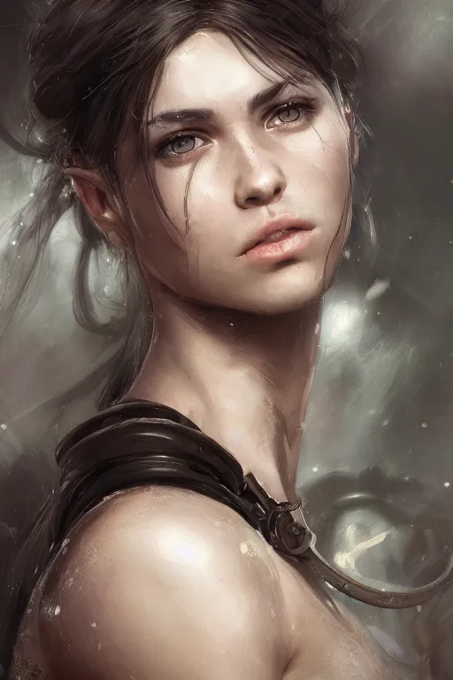 Image similar to a photorealistic painting of an attractive young girl, partially clothed in battle armor, olive skin, long dark hair, beautiful bone structure, symmetrical facial features, intricate, elegant, digital painting, concept art, illustration, sharp focus, from Metal Gear, in the style of Ruan Jia and Mandy Jurgens and Greg Rutkowski, trending on Artstation, award winning