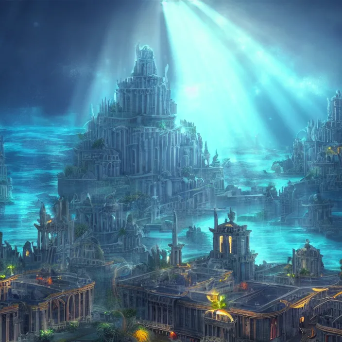 Prompt: hyper realistic, high detail photo of city of atlantis, underwater, lights on buildings, beautiful, dreary lighting