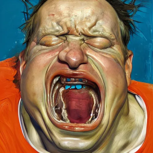 Image similar to high quality high detail painting of a man screaming in agony by lucian freud and jenny saville and francis bacon, hd, anxiety, turquoise and orange