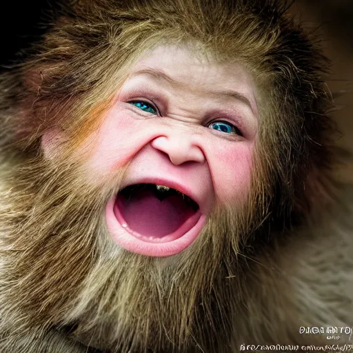 Prompt: photorealistic photograph of female dwarf telling a joke by Suzi Eszterhas, photorealism, photorealistic, realism, real, highly detailed, ultra detailed, detailed, f/2.8L Canon EF IS lens, Canon EOS-1D Mark II, Wildlife Photographer of the Year, Pulitzer Prize for Photography, 8k