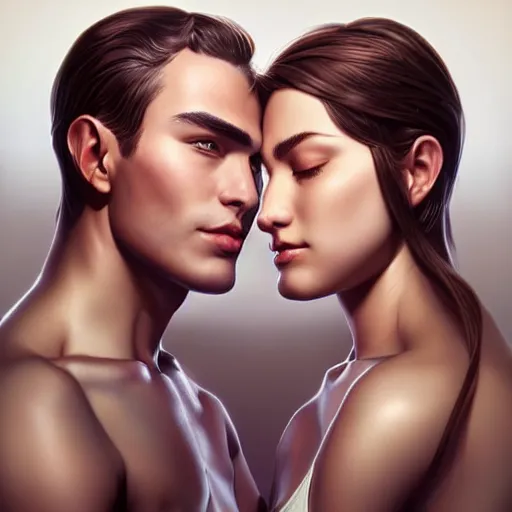 Prompt: perfectly centered symmetrical split male and female portrait of man and woman in love sharing one heart ; art by artgerm, photorealistic, highly detailed ; trending on artstation