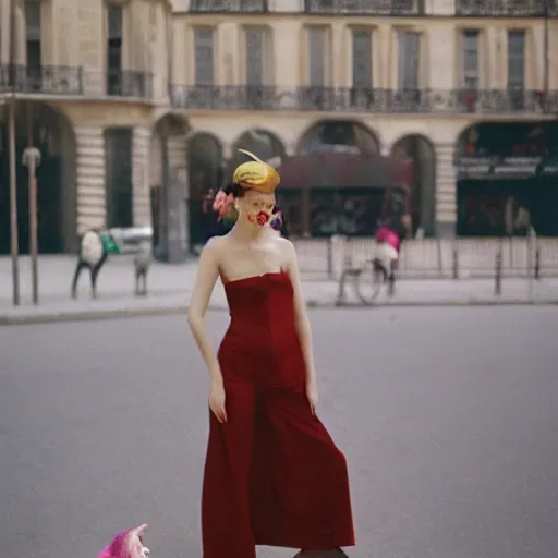 Image similar to realistic photoshoot of friendly unicorn lookbook in Paris, color film photography, portrait of a beautiful customers in style of Doisneau, 35mm, ektachrome