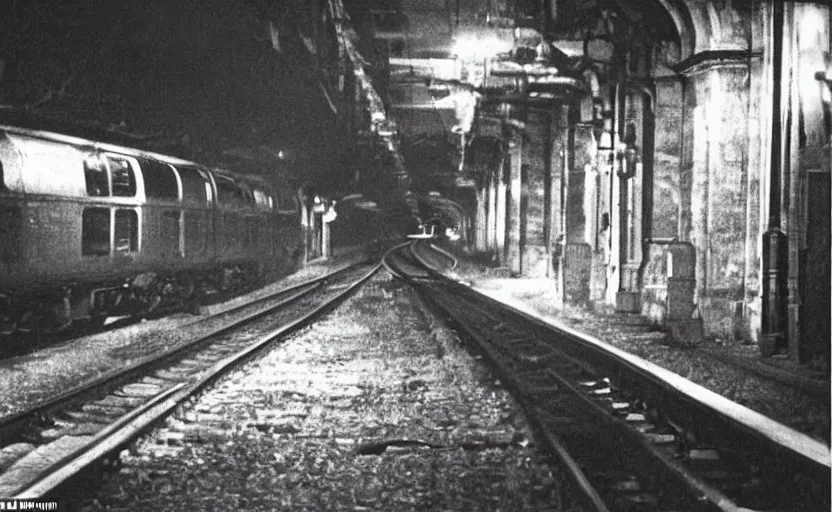 Image similar to old photo from 1 9 5 9. very large giant mutant antropomorphic rat staying on railways in round tonnel of moscow metropolitan. extreme high detail. low light, scary atmosphere, darkness