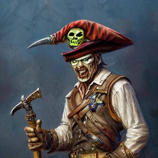 Image similar to Zombie pirate Captain wielding a sandstone rapier and sandstone dagger. Wearing a hat with an impressive feather and with a brutal scar across his neck, fantasy D&D character, portrait art by Donato Giancola and Bayard Wu, digital art, trending on artstation, 4k