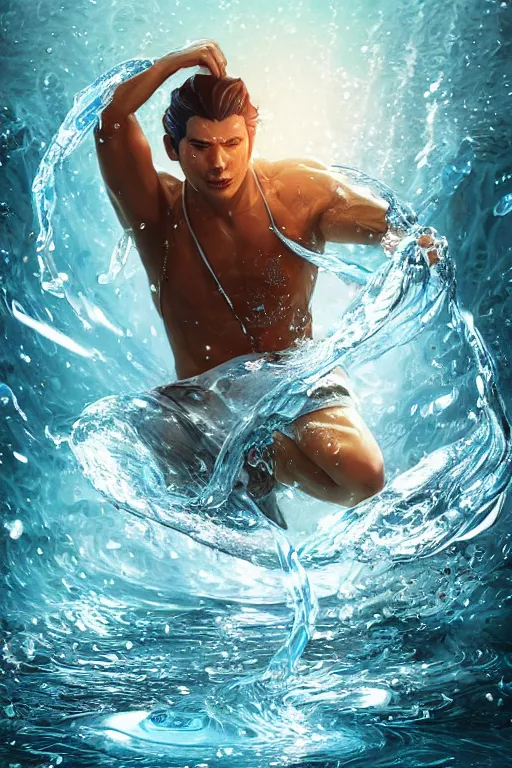 Prompt: a water bender making water swirl all around him , made by Stanley Artgerm Lau, WLOP, Rossdraws, ArtStation, CGSociety, concept art, cgsociety, octane render, trending on artstation, artstationHD, artstationHQ, unreal engine, 4k, 8k,