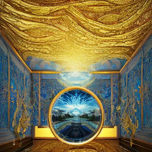 Image similar to an incredibly beautiful world of multifaceted mirrored optical illusions twisted around organic other worldy lifeforms in the style of erik johansson by dr. seuss covered in intricate gold leaf detail in a gothic hotel room with soft indirect lighting, final fantasy, cinematic colors, behance contest winner, unreal engine 5 highly rendered, global illumination, radiant light, detailed and intricate environment