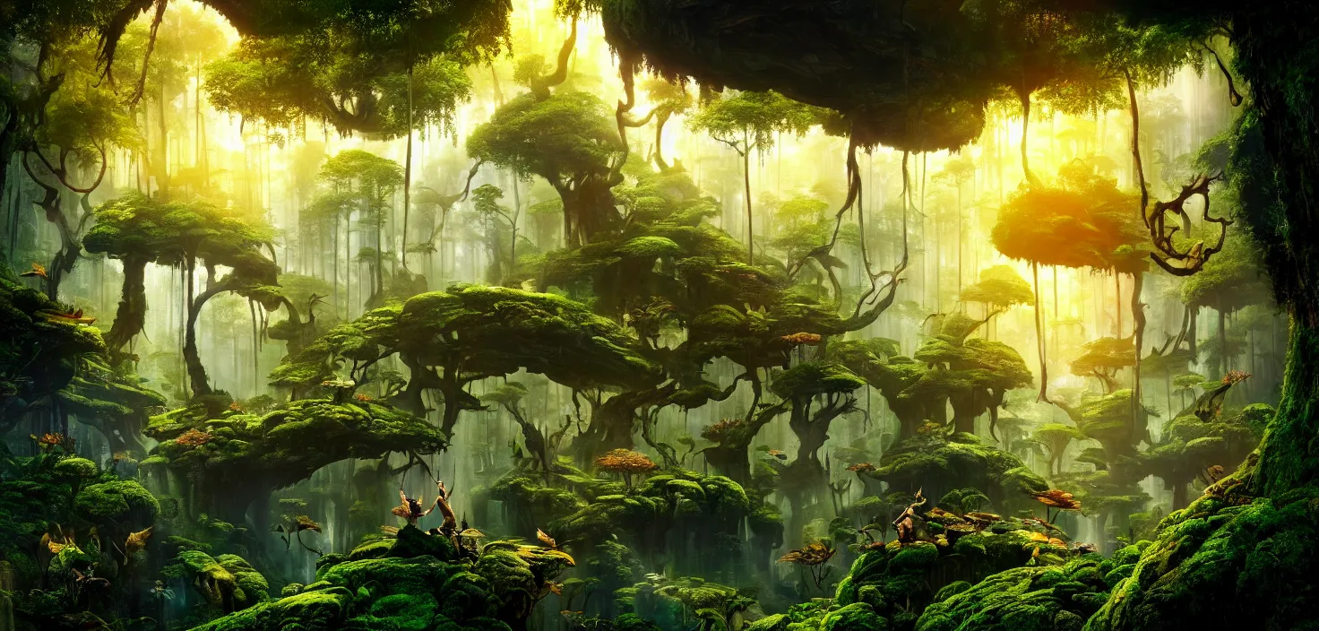 Image similar to forest world of avatar ， central symmetrical composition, incredible, vector art, octane render, fabulous, hyper detailed, random cinematic view, no noise, global illumination, warm lighting, volumetric, godrays, vivid, beautiful