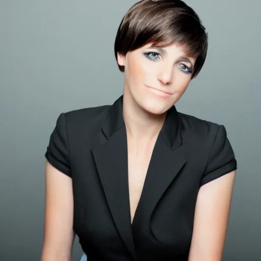 Prompt: brunette woman, black business suit, green eyes, short hair with flipped out hairstyle