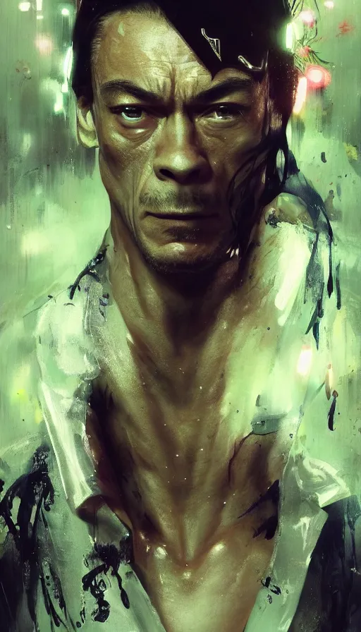 Image similar to altered carbon, jean claude van damme and a young gangster lolita, amazing beauty, visor, neon tattoo, styled hair, decorated traditional japanese ornaments by carl spitzweg, ismail inceoglu, vdragan bibin, hans thoma, greg rutkowski, alexandros pyromallis, perfect face, fine details, realistic shaded