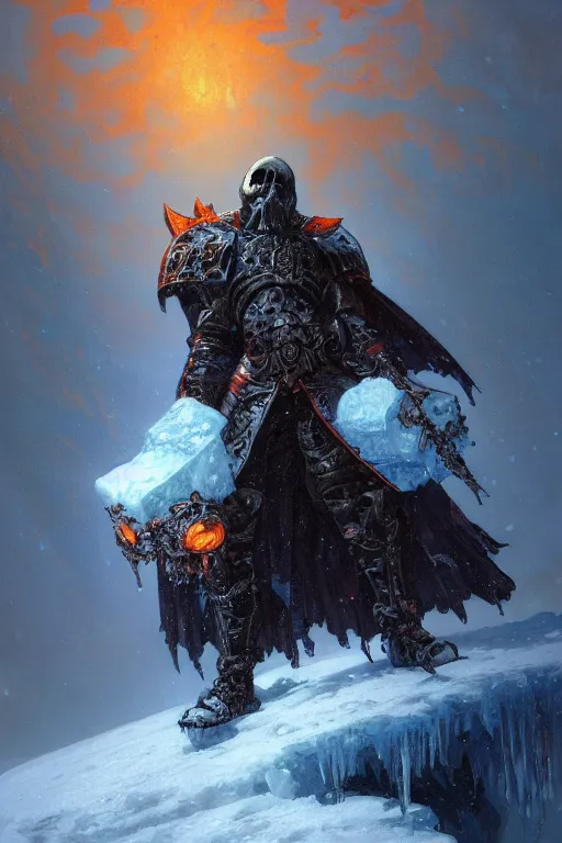 Prompt: a death knight in front of an icy landscape, orangered backlight, intricate, highly detailed, artstation, concept art, illustration, sharp focus, art by ralph horsley and alphonse mucha