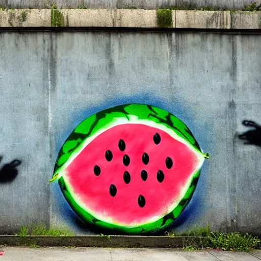 Image similar to a cute and happy watermelon, graffiti, photograph, made by banksy, vivid colors, spray brush, midday, sunny, professional