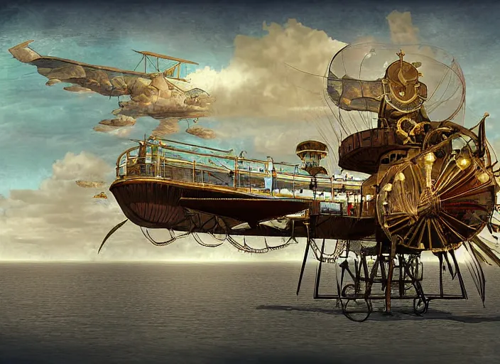 Image similar to crossing the Atlantic on an airship, steampunk digital art