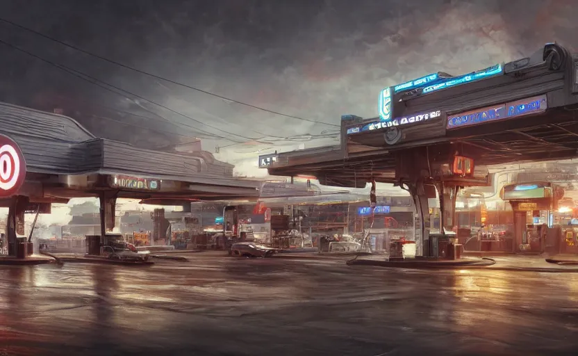 Image similar to Gas station, hyperrealistic mixed media, stunning 3d render inspired art by P. Craig Russell and Barry Windsor-Smith + perfect facial symmetry + dim volumetric lighting, 8k octane beautifully detailed render, post-processing, extremely hyperdetailed, intricate futuristic mechanic parts, epic composition, grim yet sparkling atmosphere, cinematic lighting + masterpiece, trending on artstation