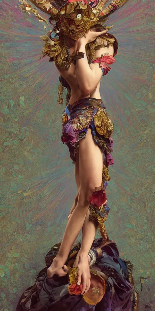 Image similar to portrait of tragedy, full body expressive pose, acrobatic, rainbow eyes, ornate frilly dress, fantasy, intricate, elegant, highly detailed, digital painting, artstation, concept art, smooth, sharp focus, illustration, art by artgerm and greg rutkowski and alphonse mucha, octane render, 3d, hyperrealistic